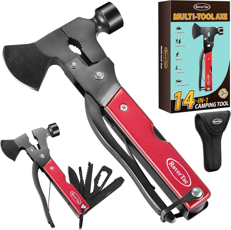 RoverTac 14-in-1 Multitool Camping Axe Hatchet – Essential Camping Gear with Knife, Hammer, Saw, Bottle Opener, Screwdriver – Multi Tool with Sheath – Gifts for Men, Dad, and Outdoor Adventures - Image 1